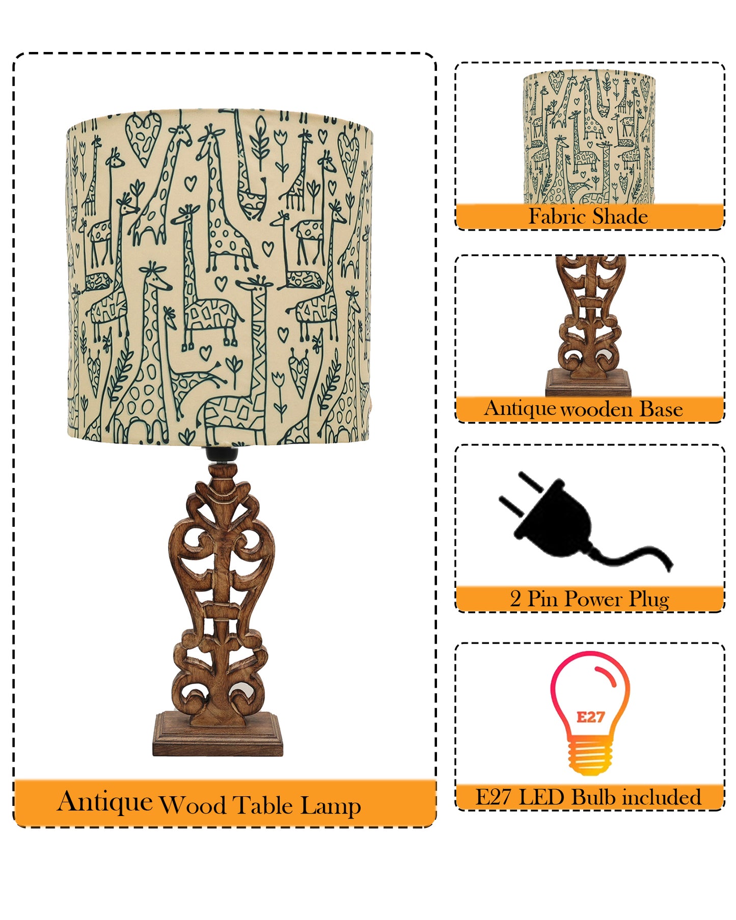 Sculptural Hand Carved Wood Table Lamp with Savannah shade, Antique Black