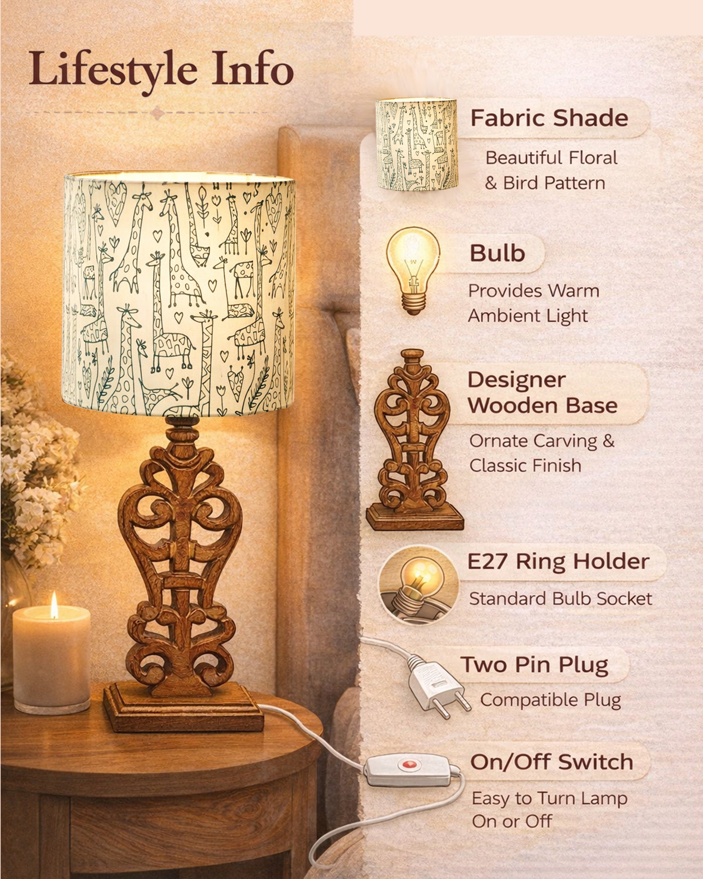 Sculptural Hand Carved Wood Table Lamp with Savannah shade, Antique Black