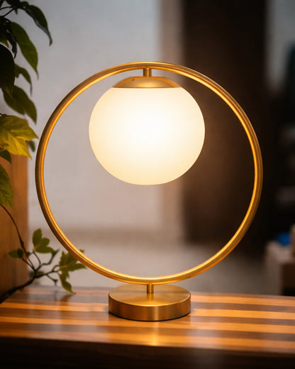 Modern Bedside Night Lamp Mini Gold Table Light Metal Gold Finished Bedside Desk Lamp with Milky White Shade for Living Room Bedroom, Round