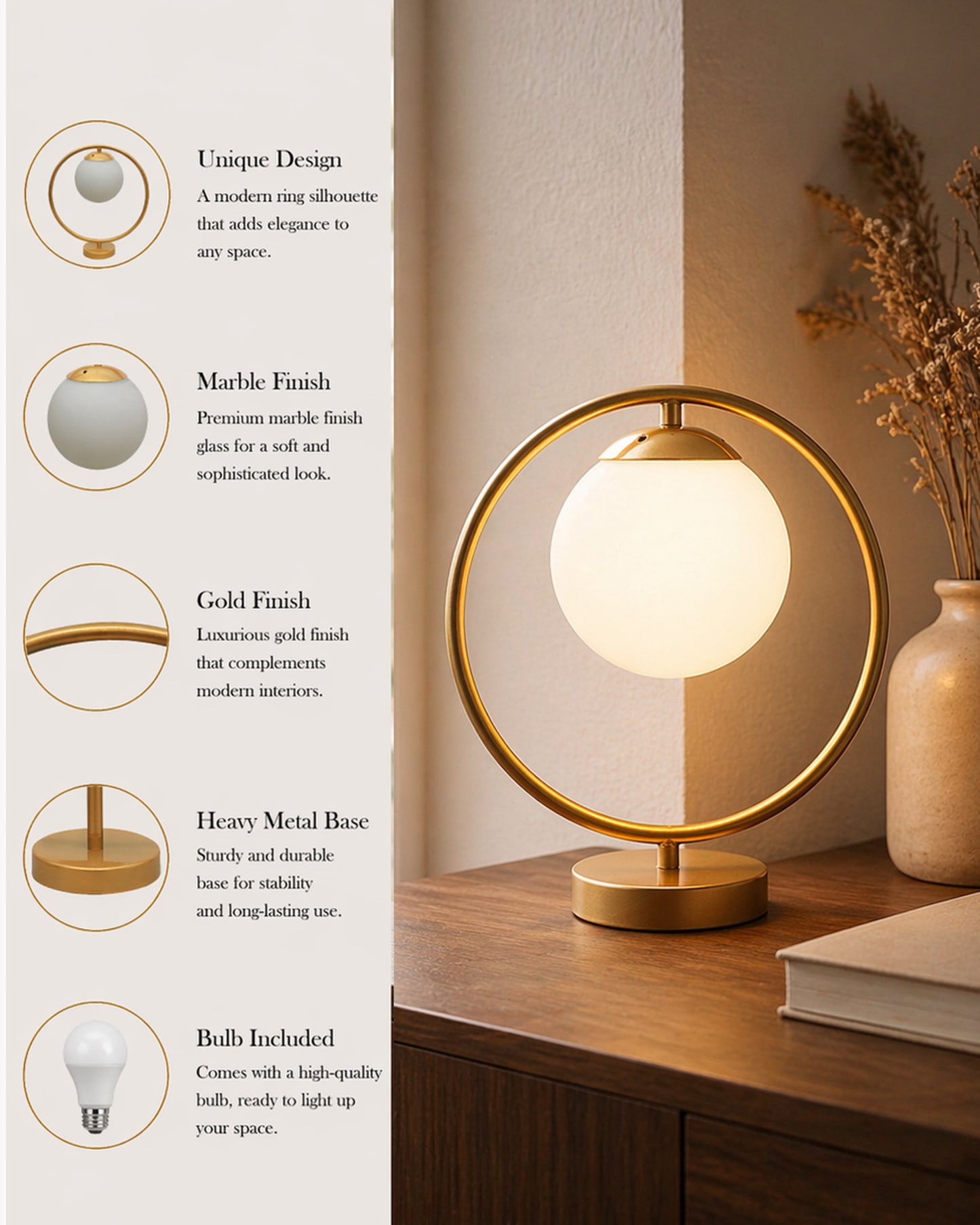 Modern Bedside Night Lamp Mini Gold Table Light Metal Gold Finished Bedside Desk Lamp with Milky White Shade for Living Room Bedroom, Round