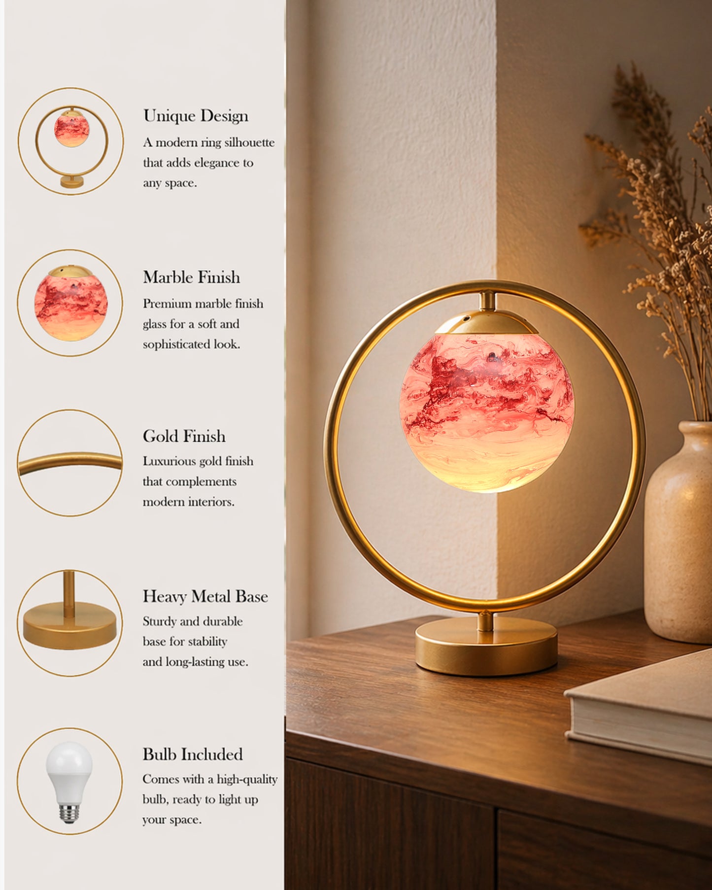 Modern Bedside Night Lamp Mini Gold Table Light Metal Gold Finished Bedside Desk Lamp with Milky White Shade for Living Room Bedroom, Round