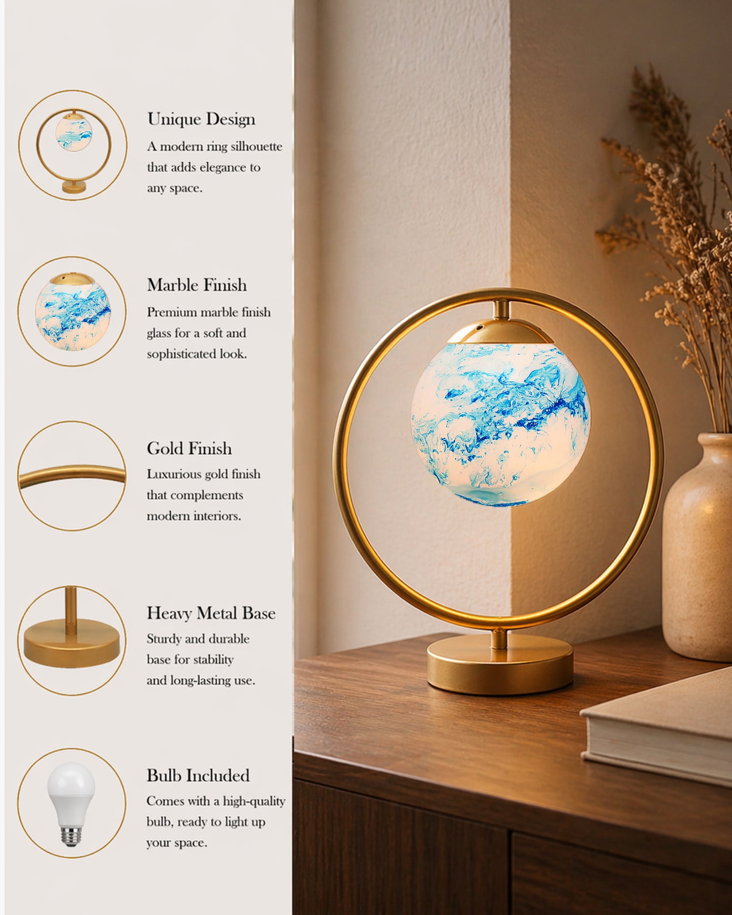 Modern Bedside Night Lamp Mini Gold Table Light Metal Gold Finished Bedside Desk Lamp with Milky White Shade for Living Room Bedroom, Round
