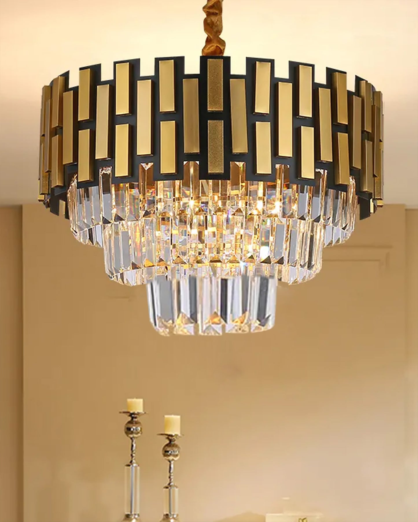 Modern Black Gold Crystal Chandelier 5 Lights 15.7 in Ceiling Pendant Light Fixtuers Round 3 Tiers Chandelier