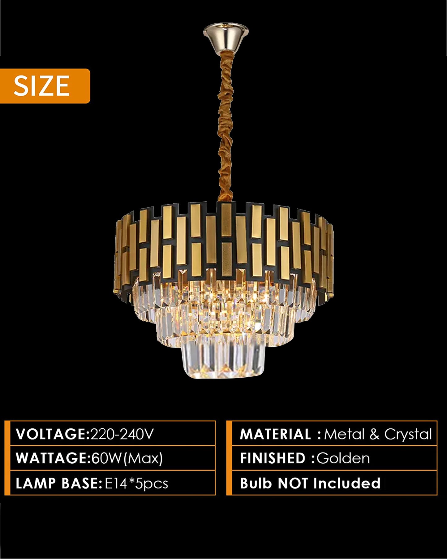 Modern Black Gold Crystal Chandelier 5 Lights 15.7 in Ceiling Pendant Light Fixtuers Round 3 Tiers Chandelier