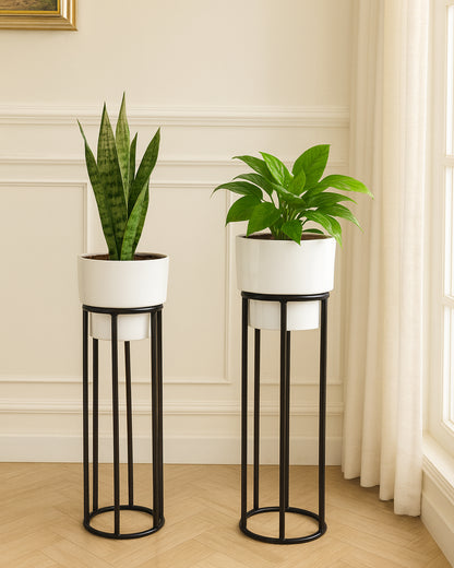 Metal Planters Outdoor & Indoor, Metal Farmhouse Decor for Garden, Patio, Porch & Balcony, Pots with Stand, Front Door Decorative set of 2, Black Round Base
