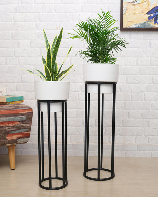 Metal Planters Outdoor & Indoor, Metal Farmhouse Decor for Garden, Patio, Porch & Balcony, Pots with Stand, Front Door Decorative set of 2, Black Round Base