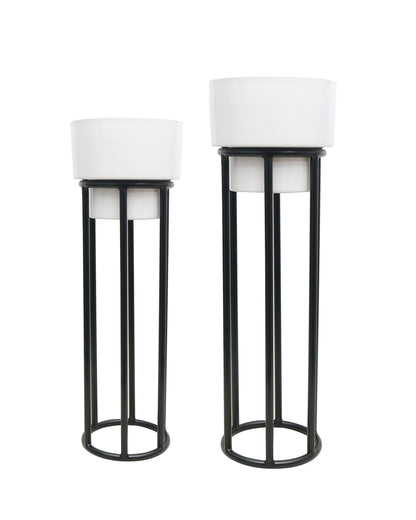 Metal Planters Outdoor & Indoor, Metal Farmhouse Decor for Garden, Patio, Porch & Balcony, Pots with Stand, Front Door Decorative set of 2, Black Round Base