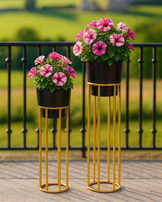 Metal Planters Outdoor & Indoor, Metal Farmhouse Decor for Garden, Patio, Porch & Balcony, Pots with Stand, Front Door Decorative set of 2, Black Round Base
