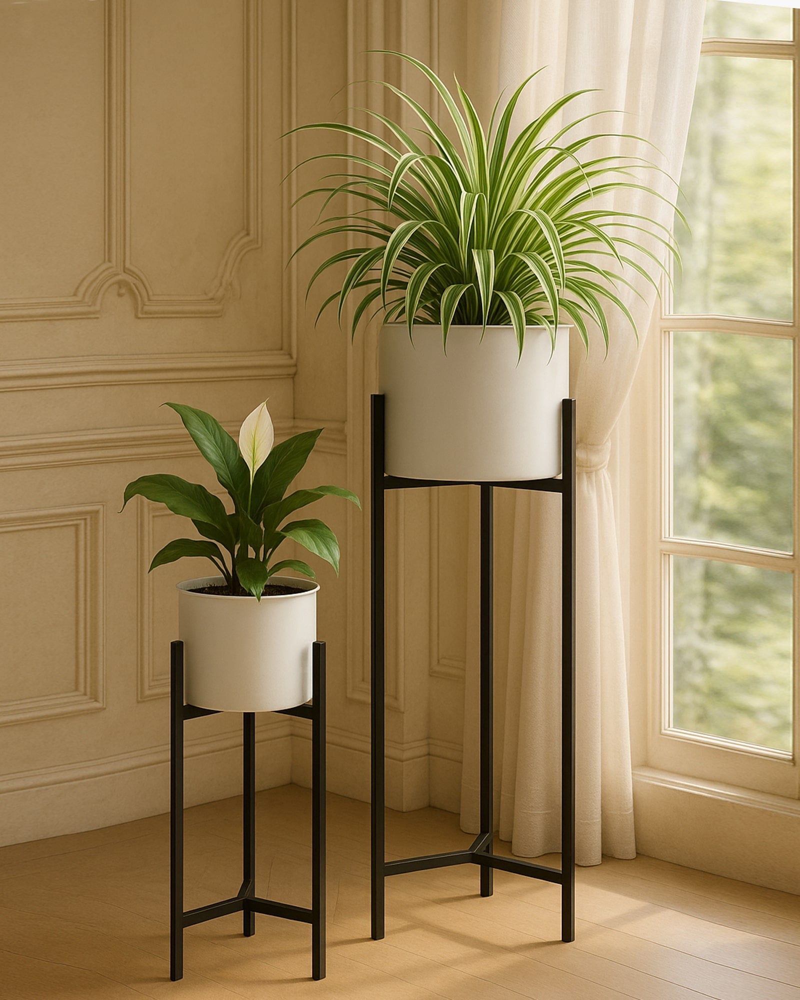 farmhouse style indoor planter Metal Planters Outdoor & Indoor, Metal Farmhouse Decor for Garden, Patio, Porch & Balcony, Pots with Stand, Front Door Decorative set of 2, Black