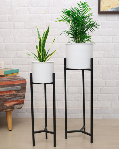 Metal Planters Outdoor & Indoor, Metal Farmhouse Decor for Garden, Patio, Porch & Balcony, Pots with Stand, Front Door Decorative set of 2, Black Triangle Base