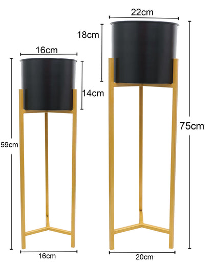 Metal Planters Outdoor & Indoor, Metal Farmhouse Decor for Garden, Patio, Porch & Balcony, Pots with Stand, Front Door Decorative set of 2, Black Triangle Base