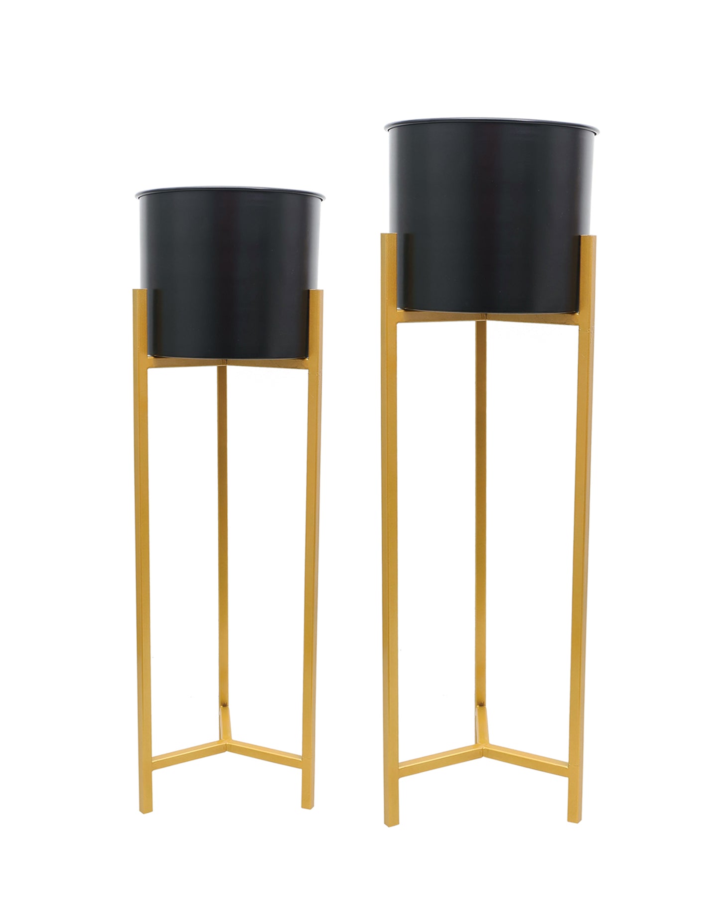 Metal Planters Outdoor & Indoor, Metal Farmhouse Decor for Garden, Patio, Porch & Balcony, Pots with Stand, Front Door Decorative set of 2, Black Triangle Base
