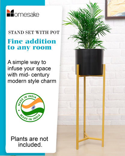 Metal Planters Outdoor & Indoor, Metal Farmhouse Decor for Garden, Patio, Porch & Balcony, Pots with Stand, Front Door Decorative set of 2, Black Triangle Base