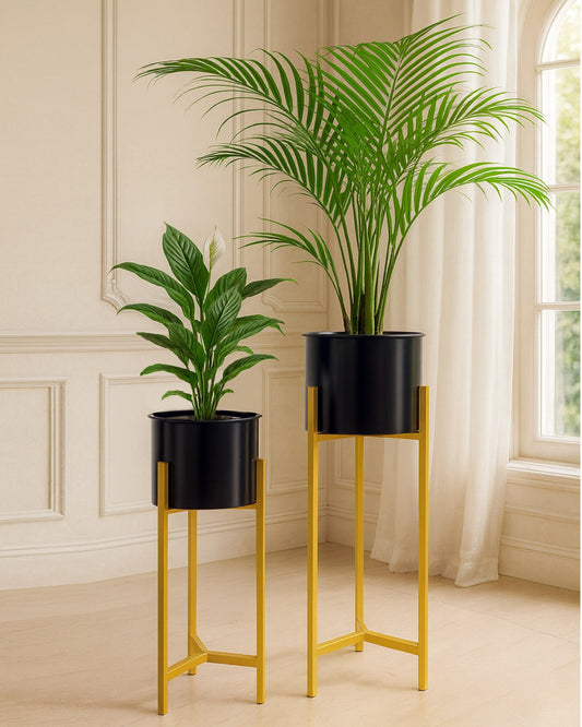 Metal Planters Outdoor & Indoor, Metal Farmhouse Decor for Garden, Patio, Porch & Balcony, Pots with Stand, Front Door Decorative set of 2, Black Triangle Base