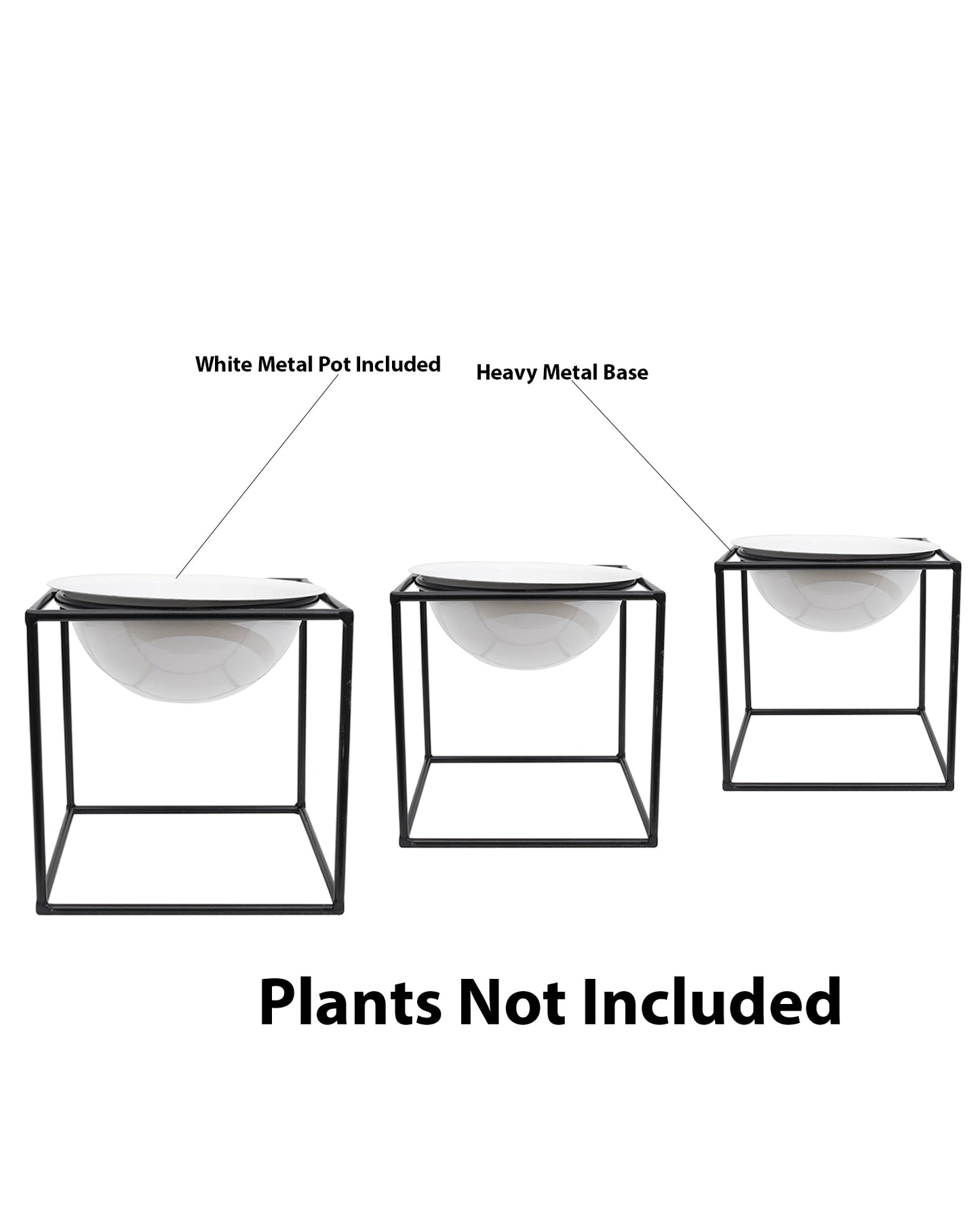 Metal Planters Outdoor & Indoor, Metal Farmhouse Decor for Garden, Patio, Porch & Balcony, Pots with Stand, Front Door Decorative set of 3, Black Cube Base, White