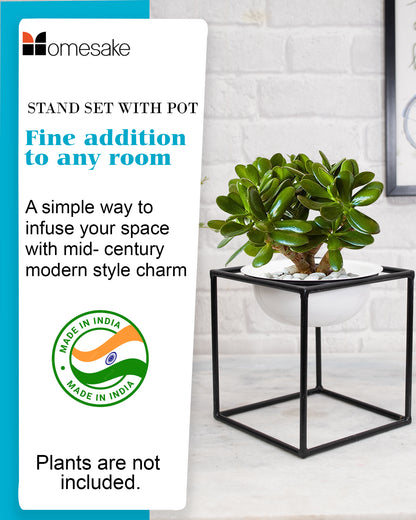 Metal Planters Outdoor & Indoor, Metal Farmhouse Decor for Garden, Patio, Porch & Balcony, Pots with Stand, Front Door Decorative set of 3, Black Cube Base, White
