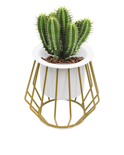 Combo of 2 Table Top Designer Metallic Gold Metal Stand with Planters, Small White Metal Pots for Livingroom, Balcony & Home Decoration, set of 2