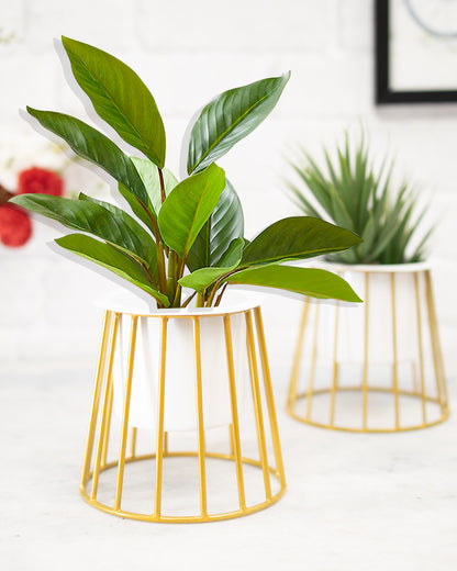 Combo of 2 Table Top Designer Metallic Gold Metal Stand with Planters, Small White Metal Pots for Livingroom, Balcony & Home Decoration, set of 2