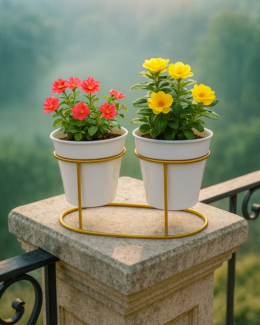 Combo of 2 Table Top Designer Metallic Gold Metal Stand with Planters, Small White Metal Pots for Livingroom, Balcony & Home Decoration, Twin Oval Planter
