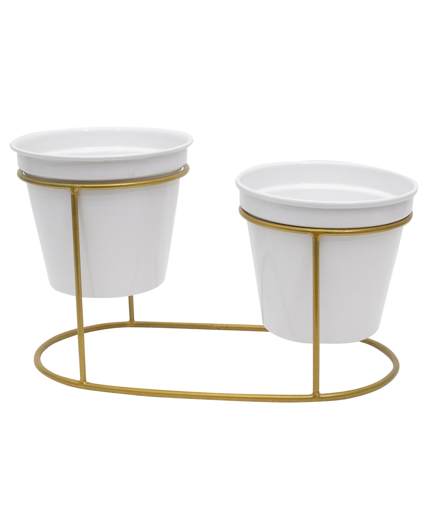Combo of 2 Table Top Designer Metallic Gold Metal Stand with Planters, Small White Metal Pots for Livingroom, Balcony & Home Decoration, Twin Oval Planter