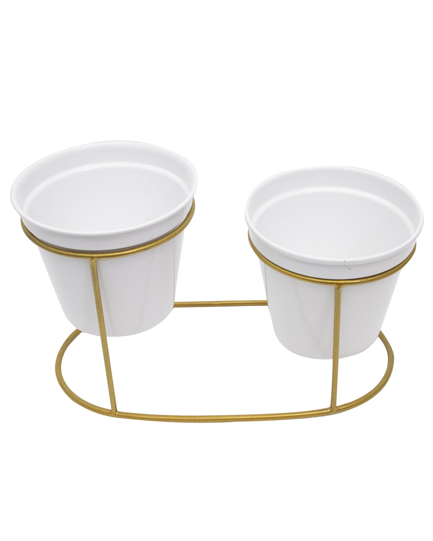 Combo of 2 Table Top Designer Metallic Gold Metal Stand with Planters, Small White Metal Pots for Livingroom, Balcony & Home Decoration, Twin Oval Planter