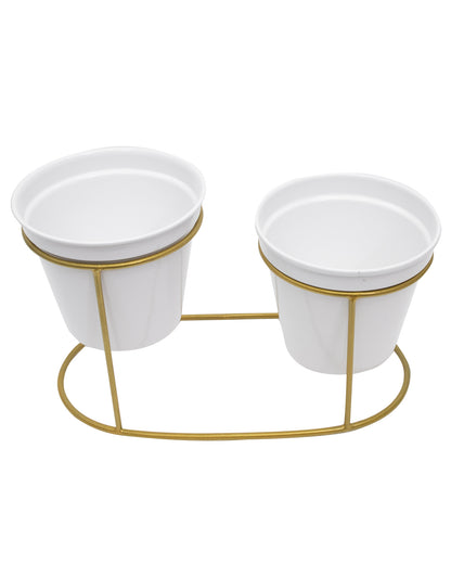 Combo of 2 Table Top Designer Metallic Gold Metal Stand with Planters, Small White Metal Pots for Livingroom, Balcony & Home Decoration, Twin Oval Planter