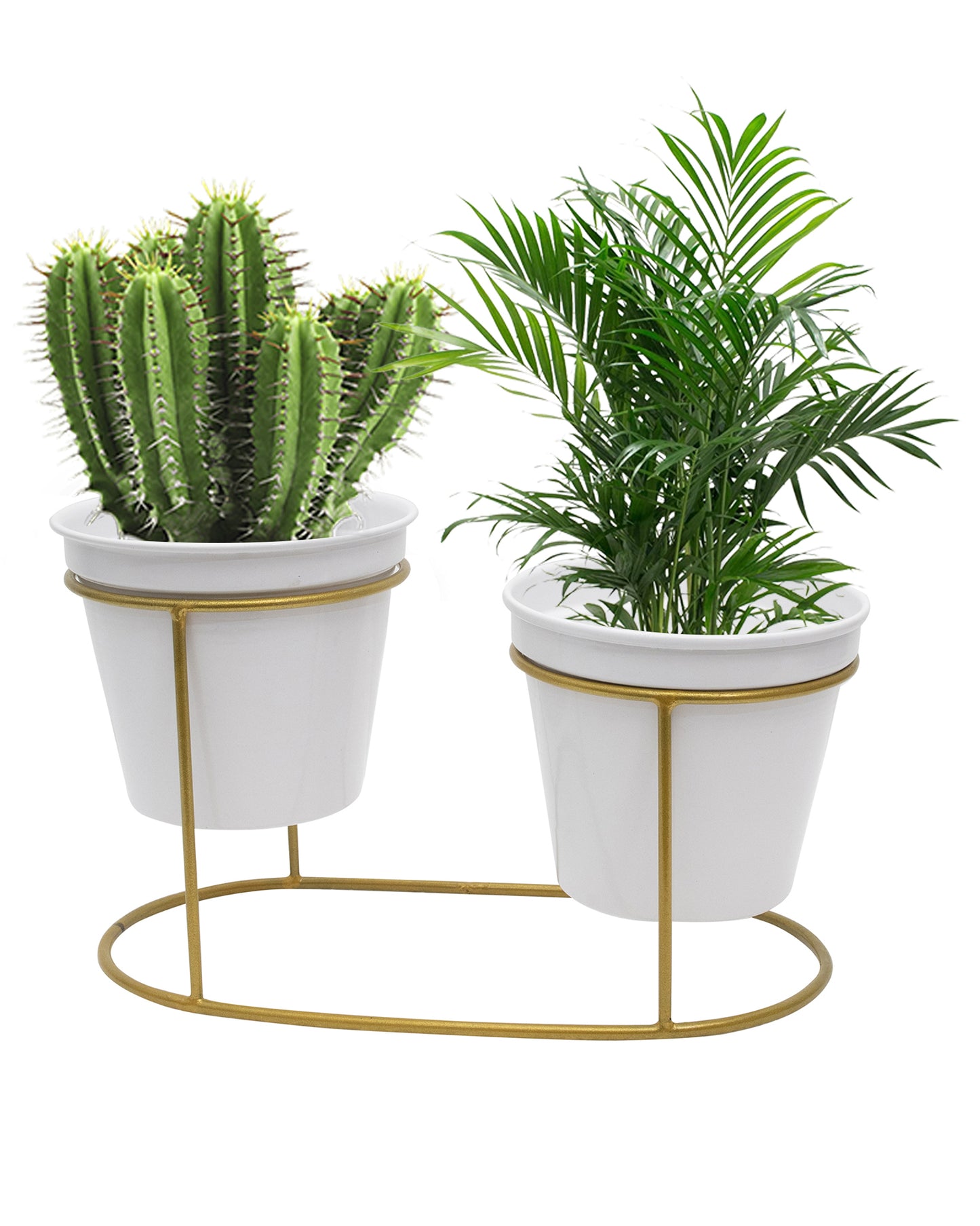 Combo of 2 Table Top Designer Metallic Gold Metal Stand with Planters, Small White Metal Pots for Livingroom, Balcony & Home Decoration, Twin Oval Planter