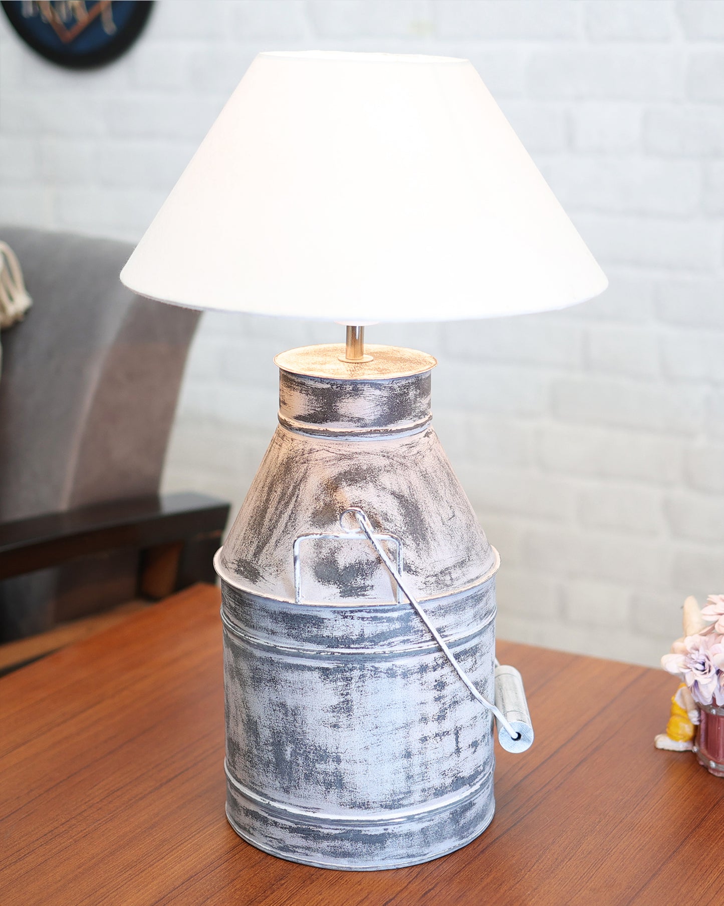 Rustic Milk Churn Can Table Lamp with cone shade, Whitewash Finish