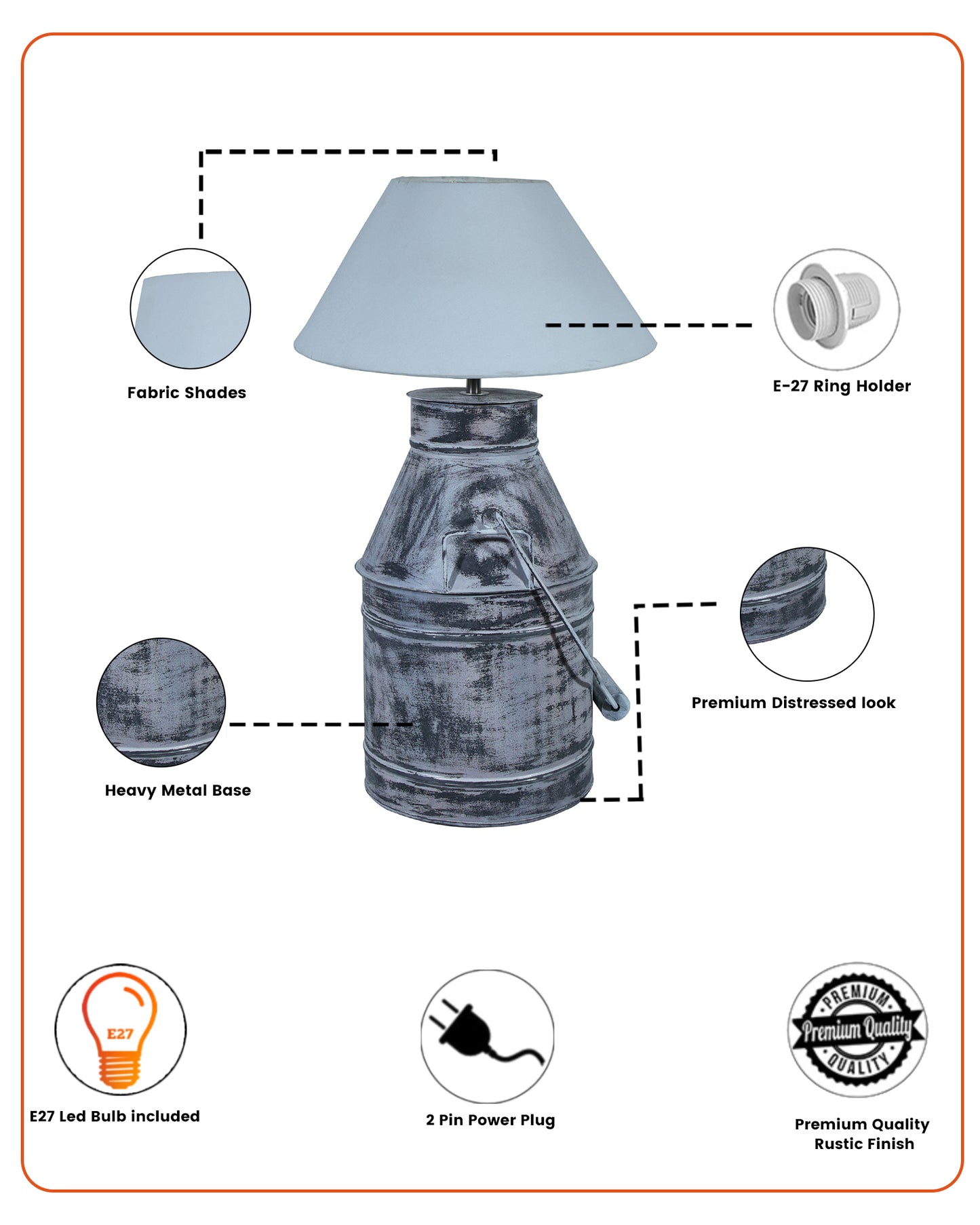Rustic Milk Churn Can Table Lamp with cone shade, Whitewash Finish