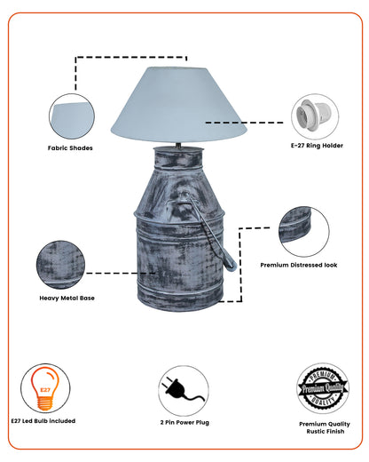 Rustic Milk Churn Can Table Lamp with cone shade, Whitewash Finish