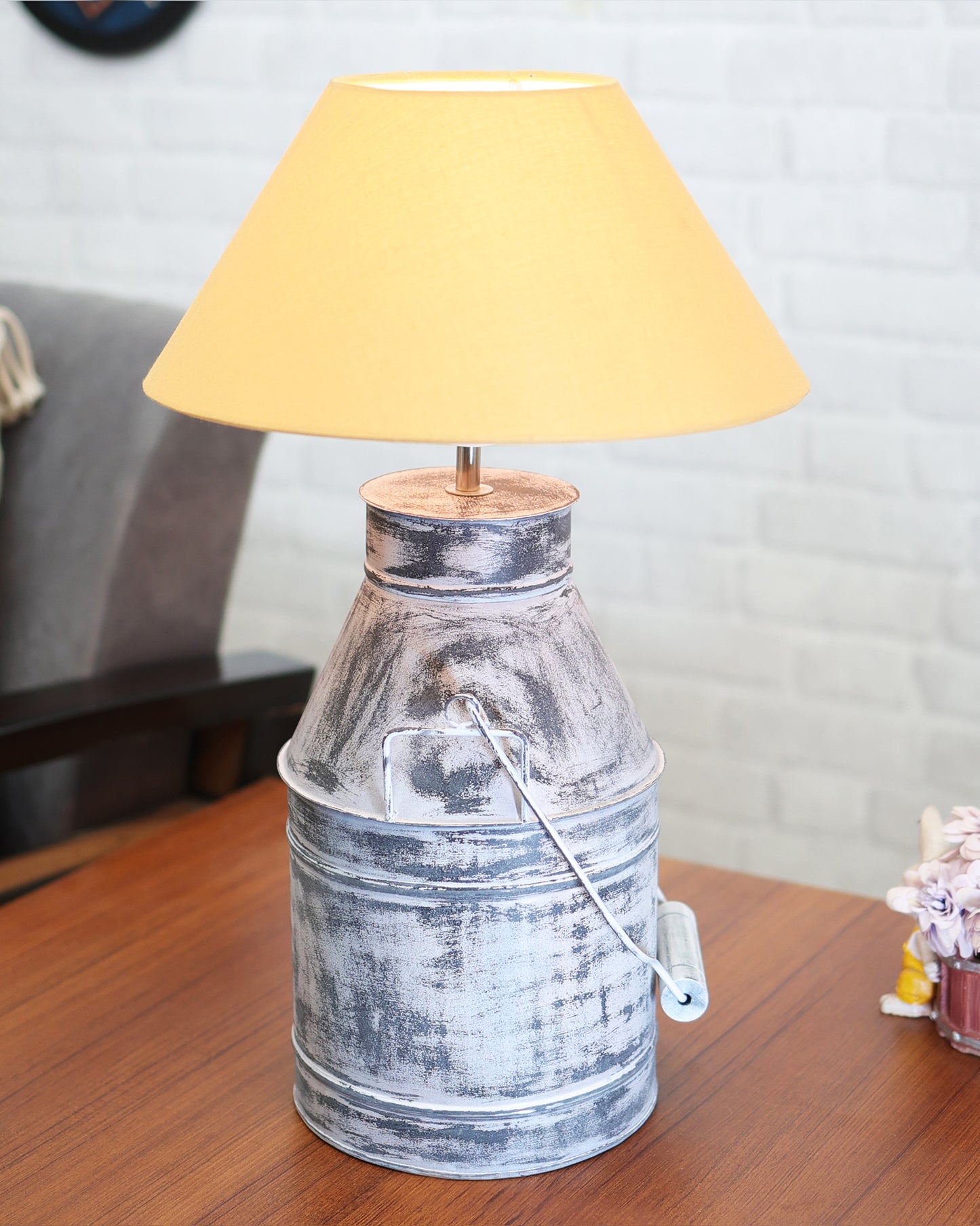 Rustic Milk Churn Can Table Lamp with cone shade, Whitewash Finish