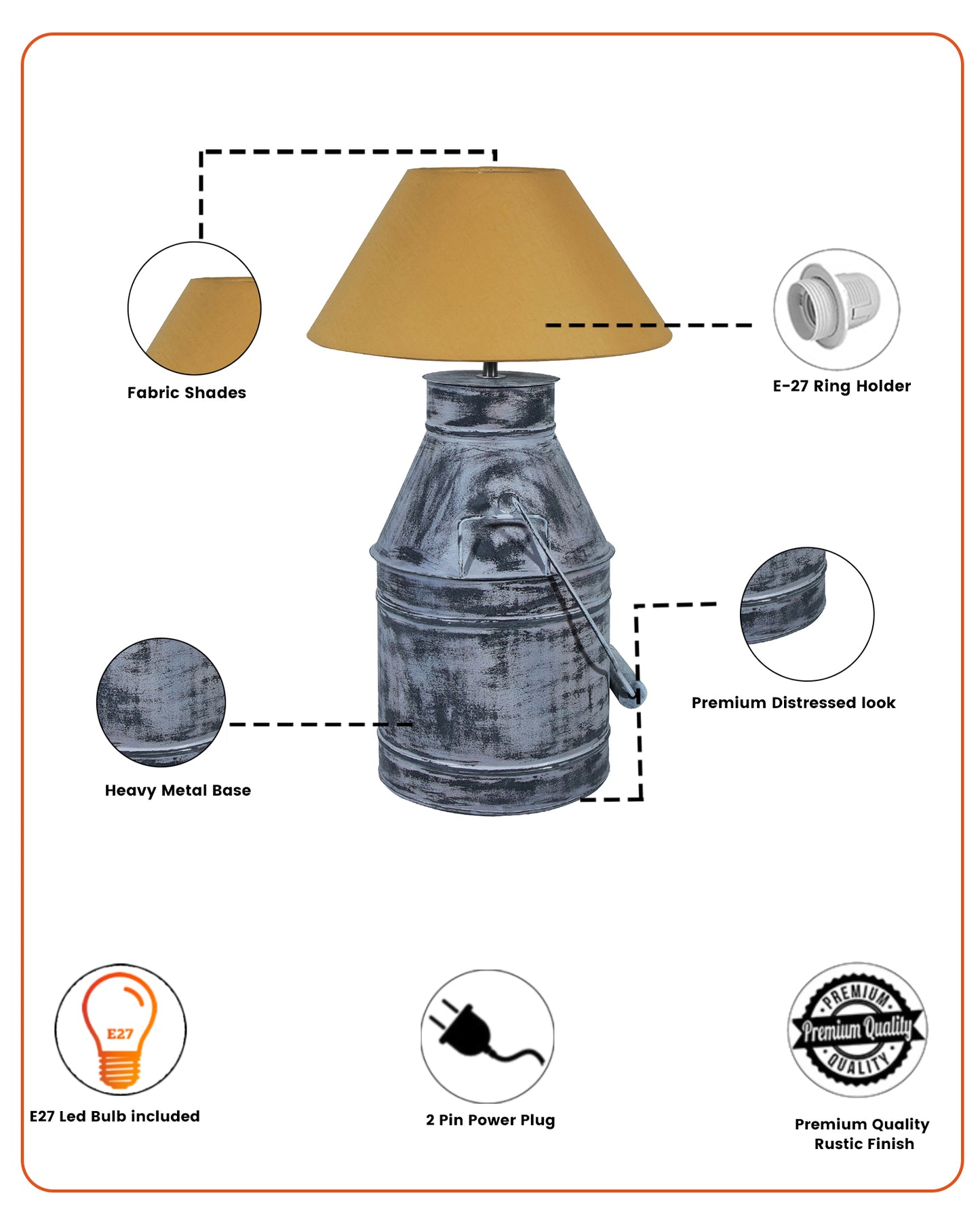 Rustic Milk Churn Can Table Lamp with cone shade, Whitewash Finish