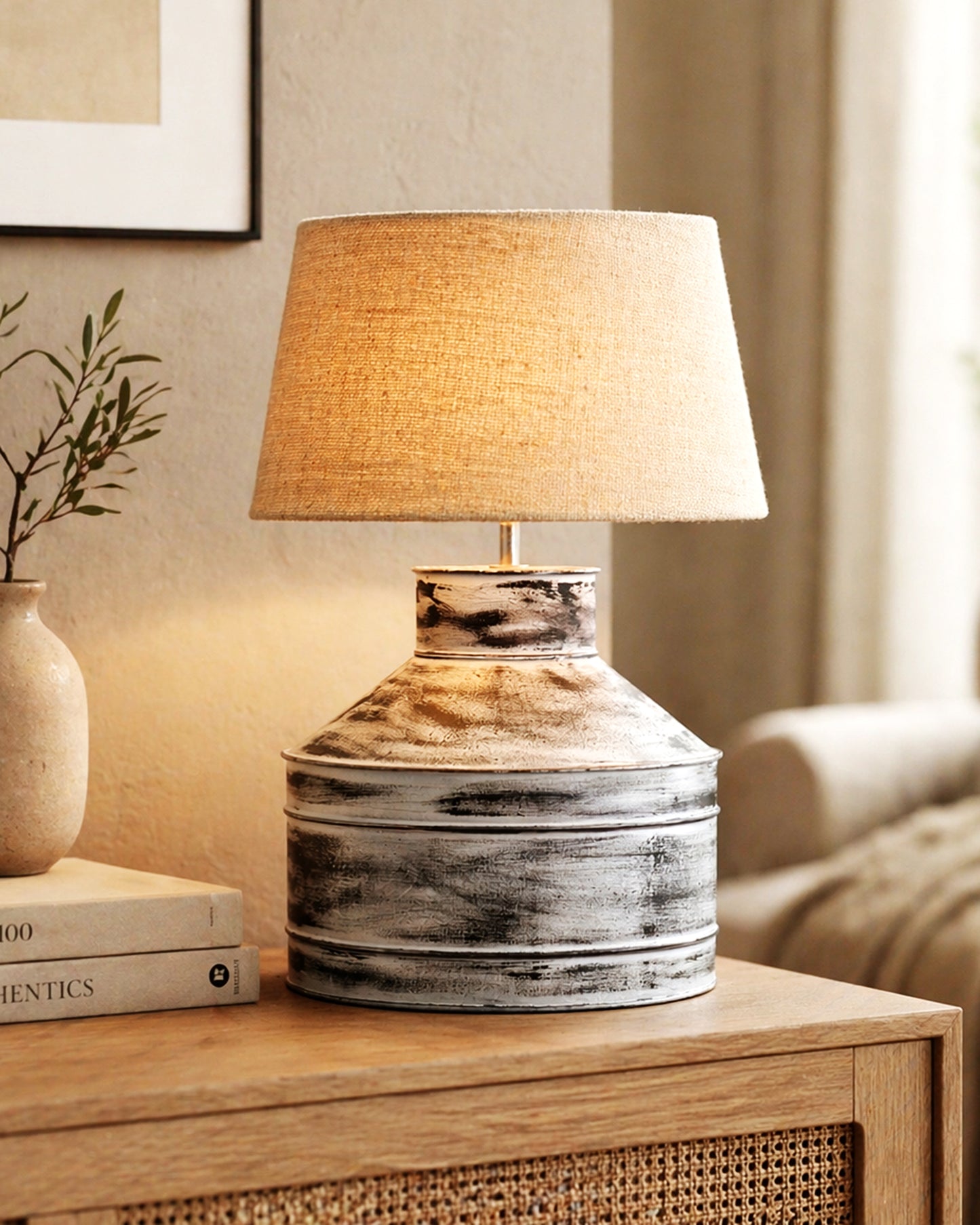 Rustic Milk Gagar Table Lamp with drum shade, Whitewash Finish
