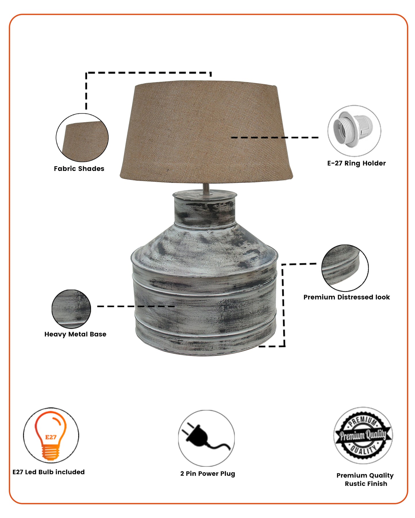 Rustic Milk Gagar Table Lamp with drum shade, Whitewash Finish