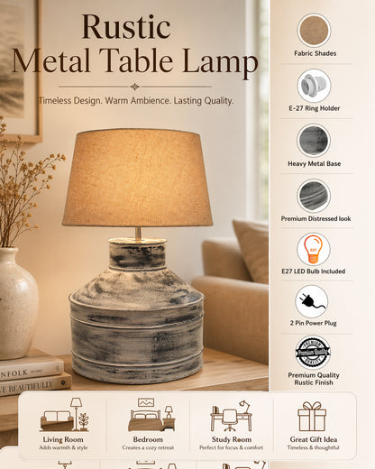 Rustic Milk Gagar Table Lamp with drum shade, Whitewash Finish