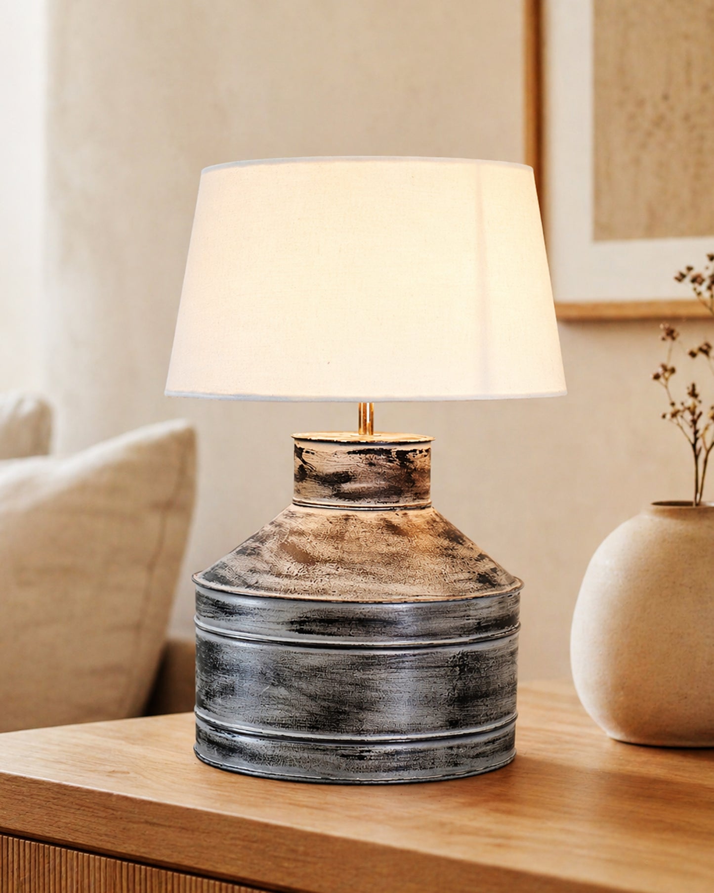 Rustic Milk Gagar Table Lamp with drum shade, Whitewash Finish