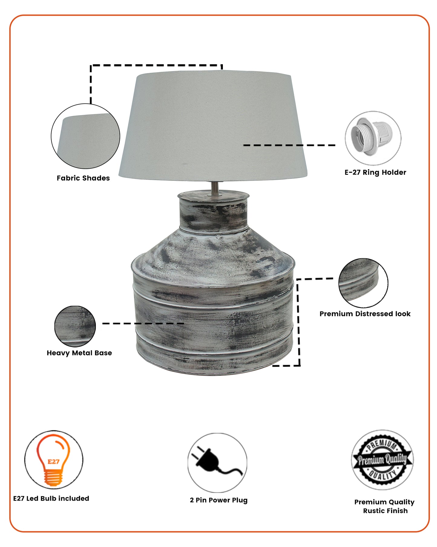 Rustic Milk Gagar Table Lamp with drum shade, Whitewash Finish