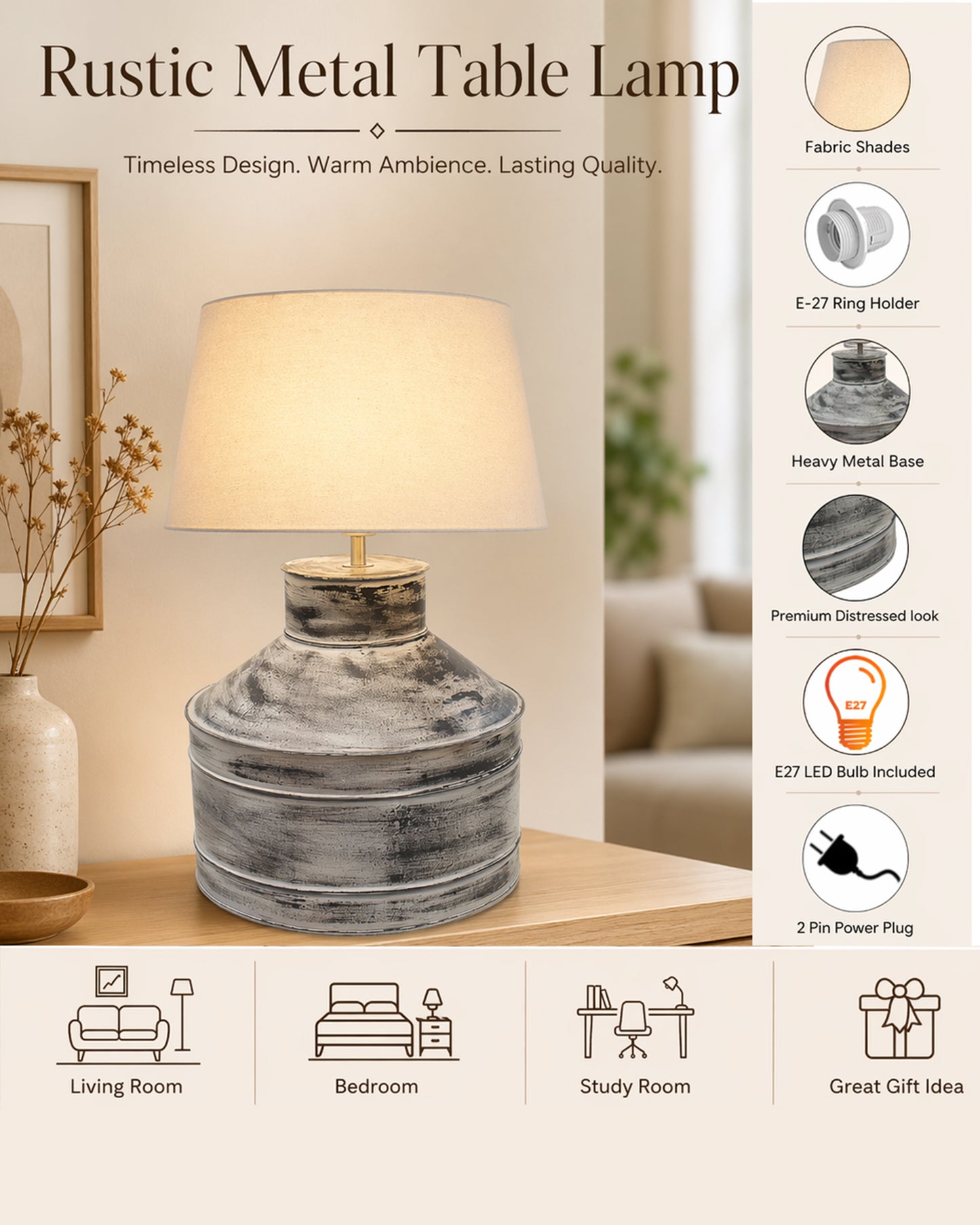 Rustic Milk Gagar Table Lamp with drum shade, Whitewash Finish