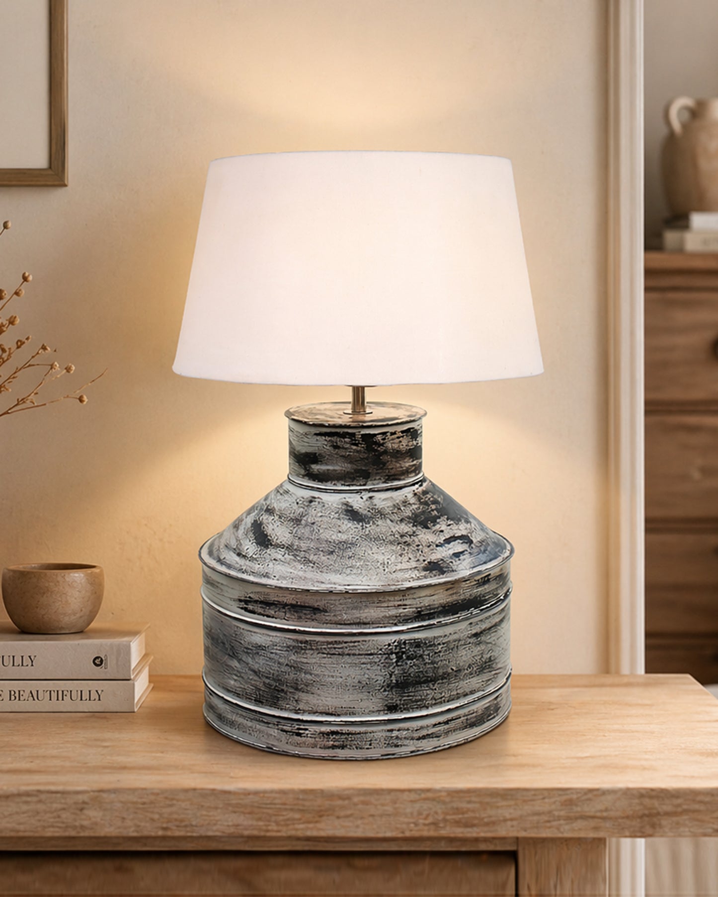 Rustic Milk Gagar Table Lamp with drum shade, Whitewash Finish