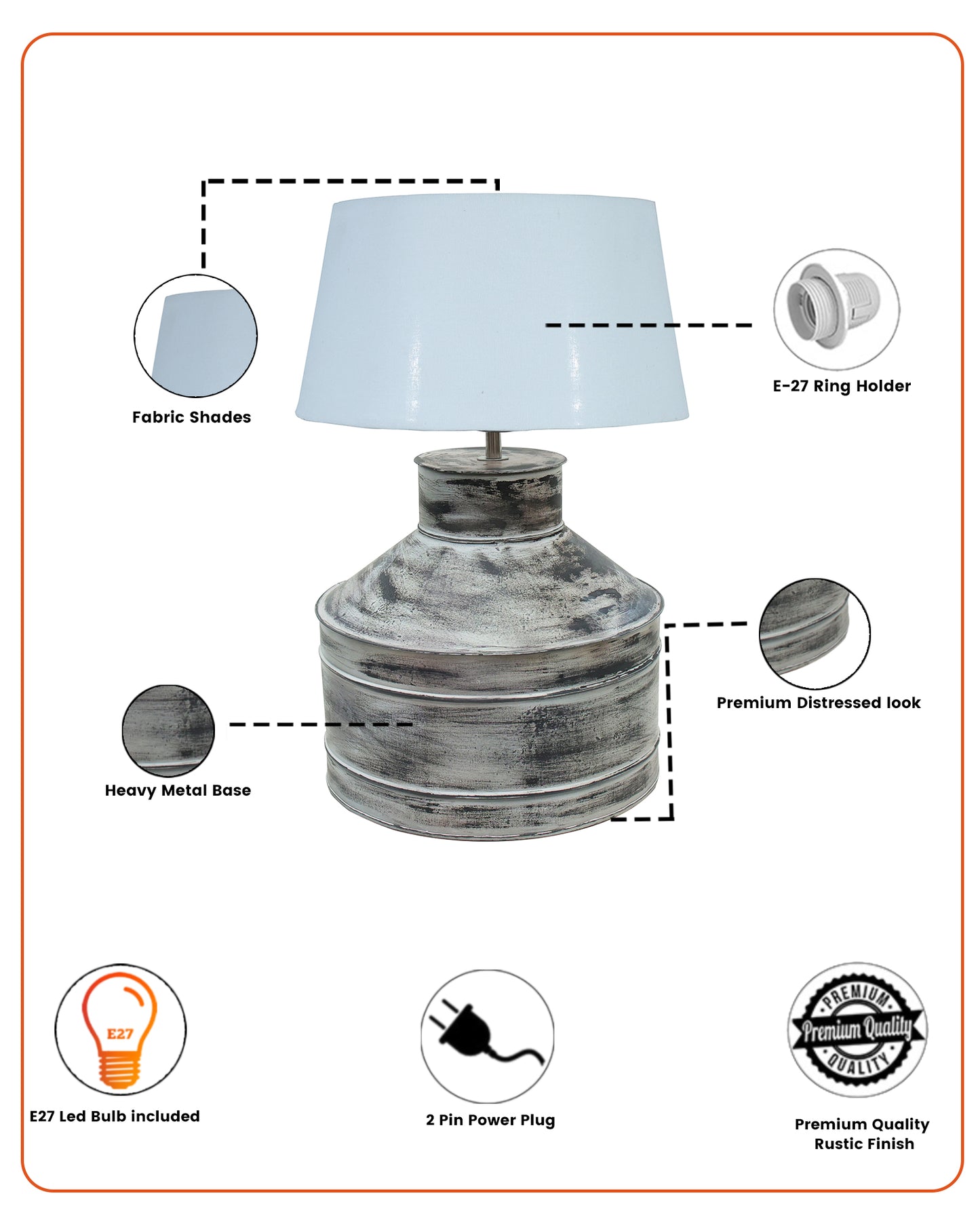Rustic Milk Gagar Table Lamp with drum shade, Whitewash Finish