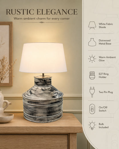 Rustic Milk Gagar Table Lamp with drum shade, Whitewash Finish