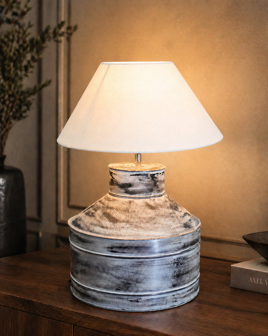 Rustic Milk Gagar Table Lamp with cone shade, Whitewash Finish