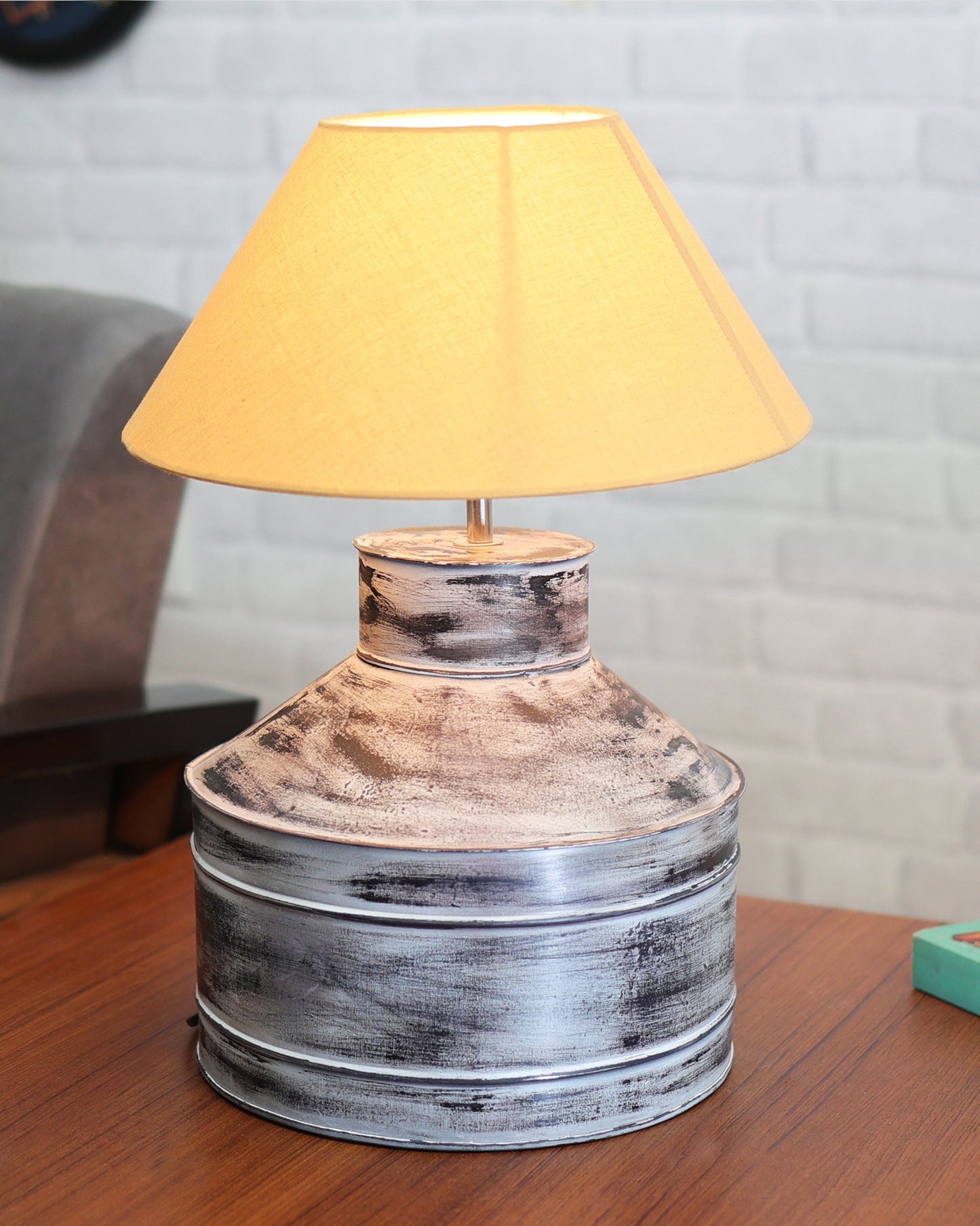 Rustic Milk Gagar Table Lamp with cone shade, Whitewash Finish