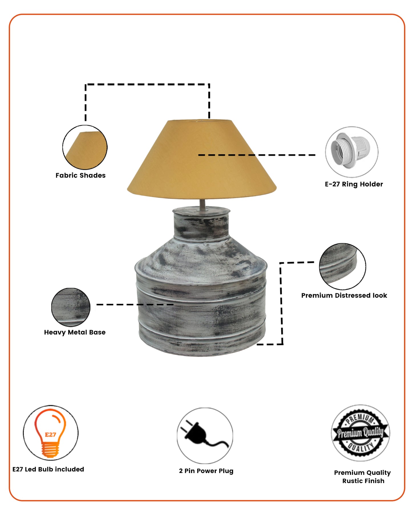 Rustic Milk Gagar Table Lamp with cone shade, Whitewash Finish
