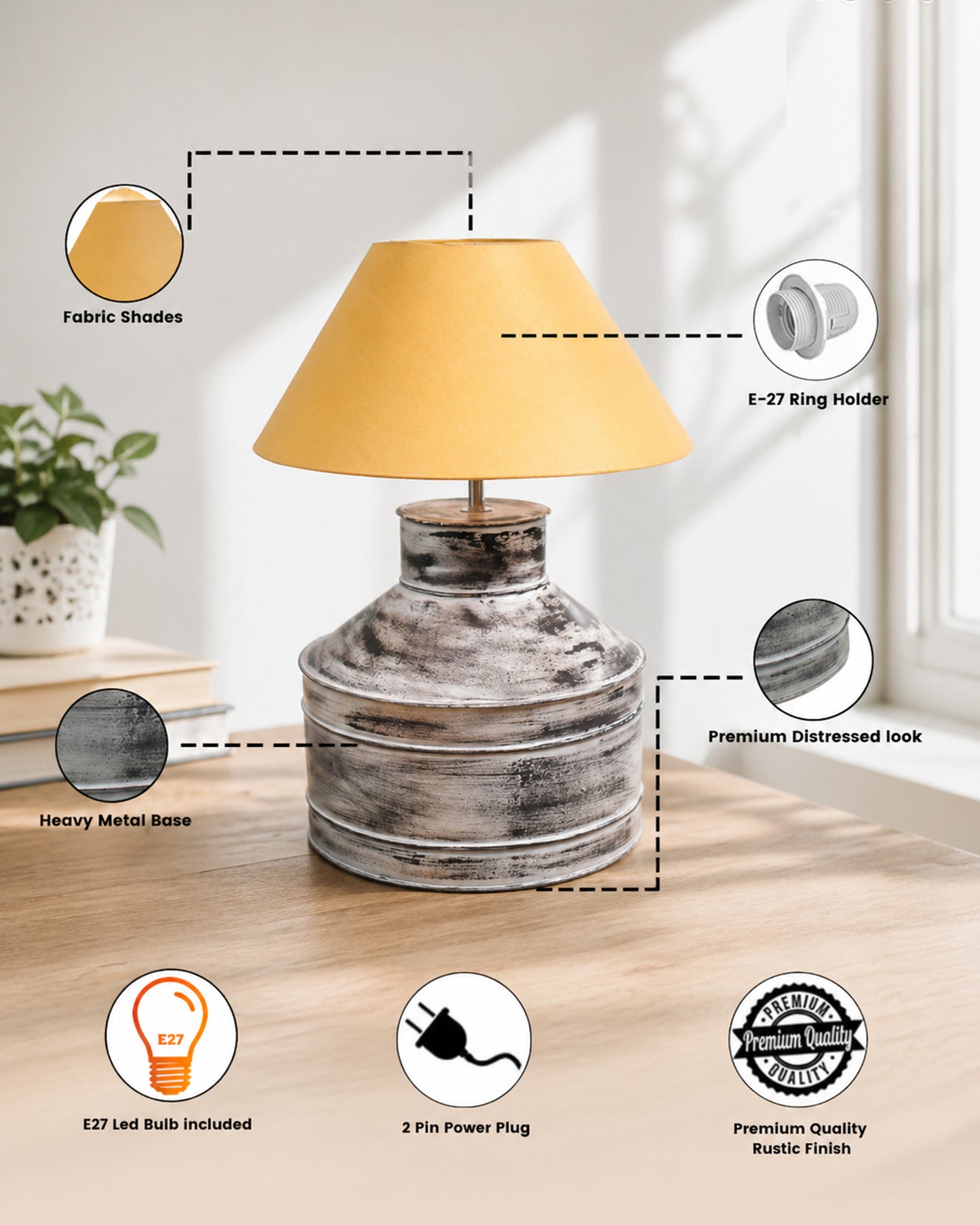 Rustic Milk Gagar Table Lamp with cone shade, Whitewash Finish