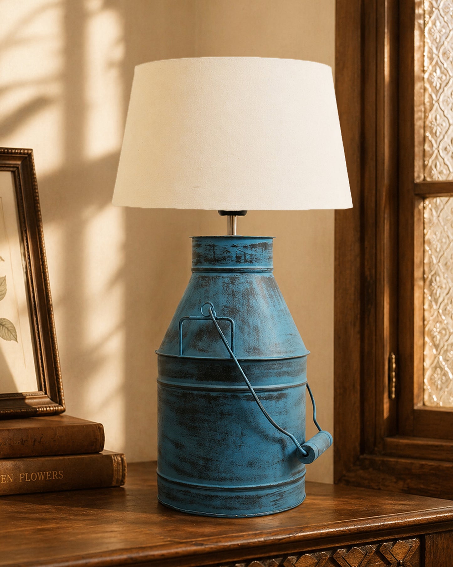 Rustic Milk Churn Can Table Lamp with Drum shade, Rustic Algae