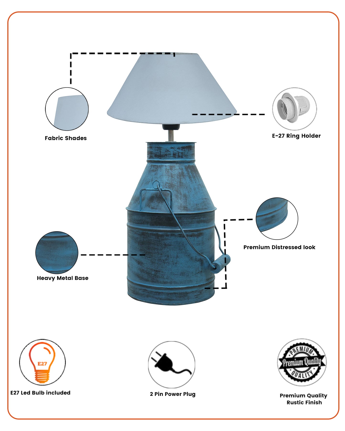 Rustic Milk Churn Can Table Lamp with cone shade, Rustic Algae