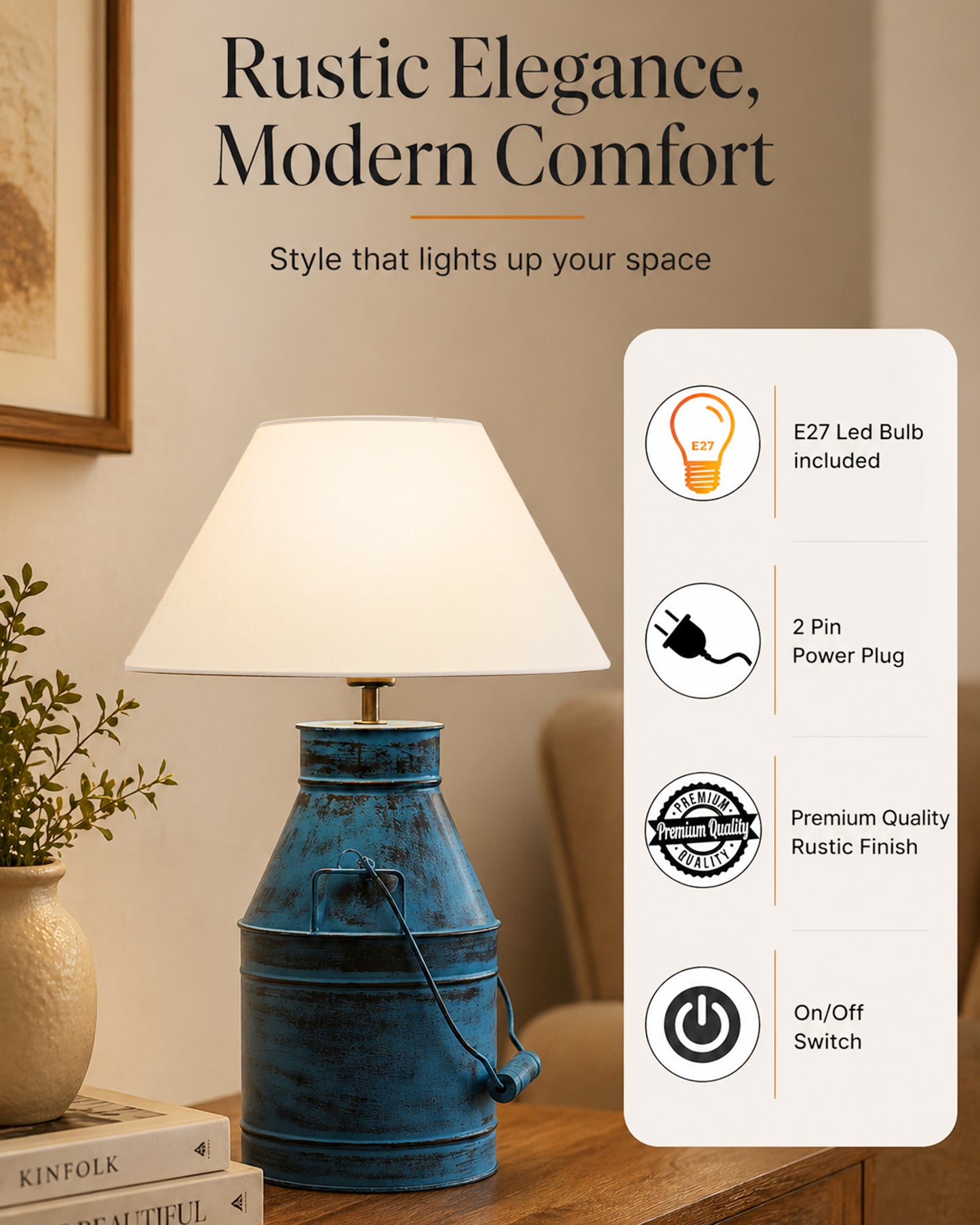 Rustic Milk Churn Can Table Lamp with cone shade, Rustic Algae