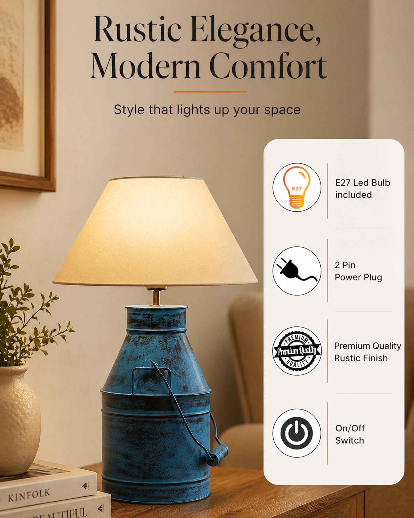 Rustic Milk Churn Can Table Lamp with cone shade, Rustic Algae