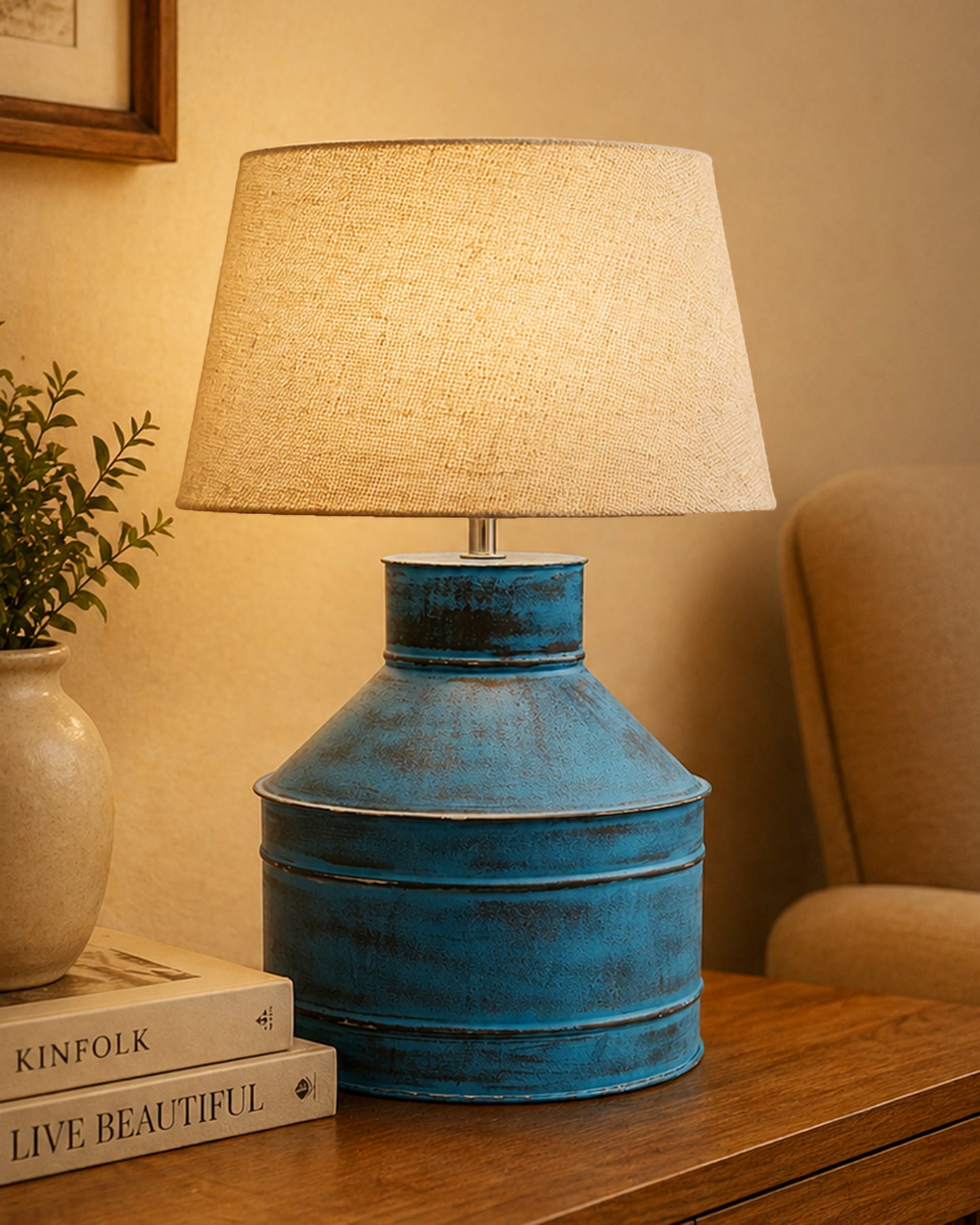 Rustic Milk Gagar Table Lamp with drum shade, Rustic Algae